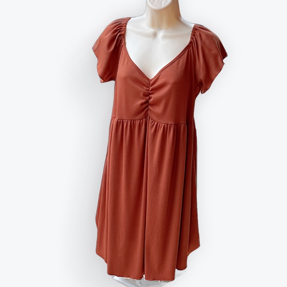 Flowing Flutter-Sleeved Babydoll Ruched Terracotta Ribbed Knit Mini Dress NWT~XL